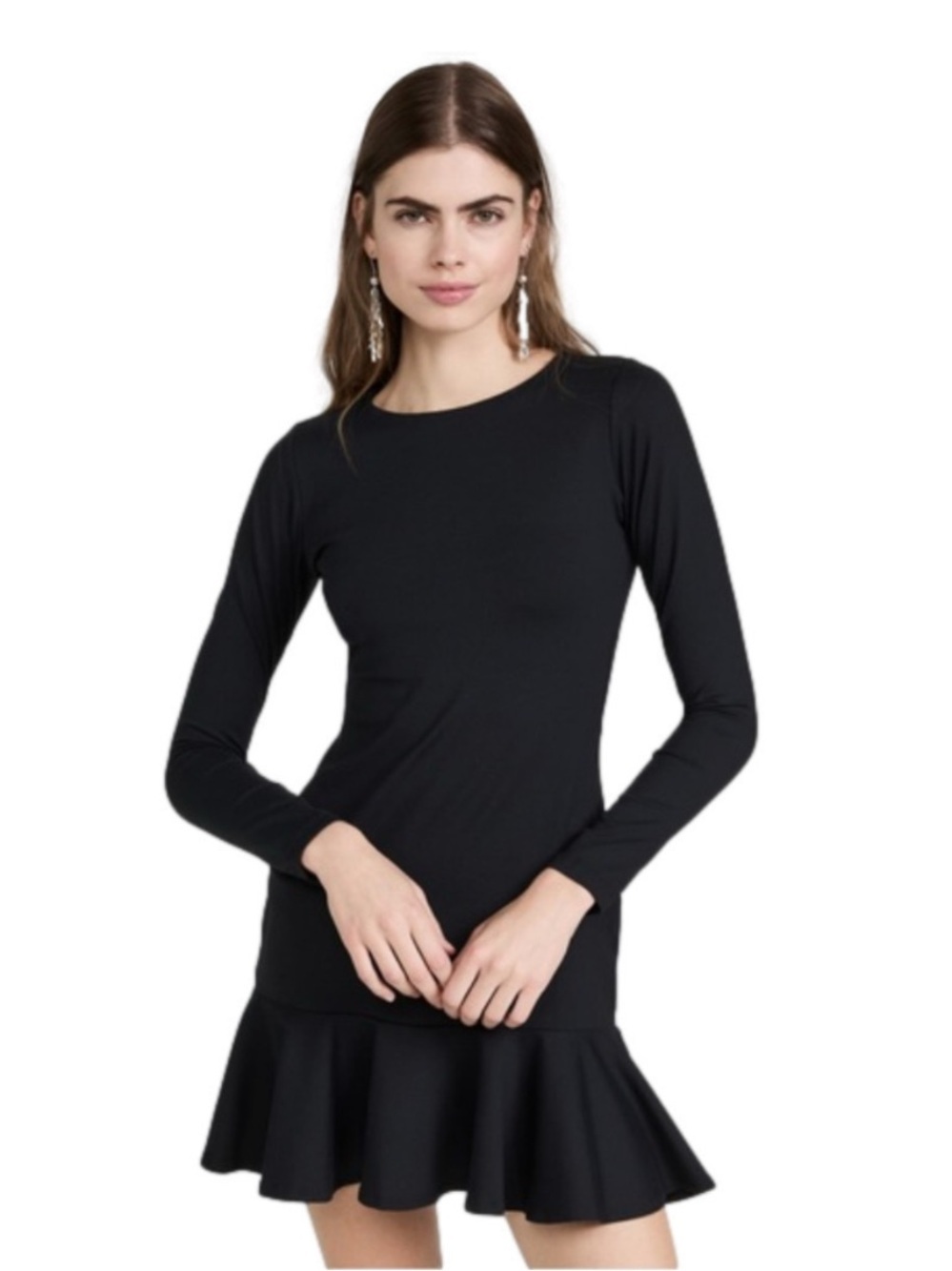 Susana Monaco Long Sleeve Ruffle Bottom Black Mini Dress Classic L
